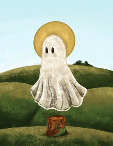 A ghost with a golden halo floating above a tree stump in a grassy landscape.