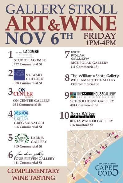 Poster for Art &amp; Wine Gallery Stroll on Nov 6, 1-4 PM with 10 galleries listed.
