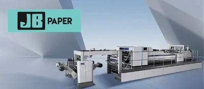 Industrial paper processing machine with JB Paper logo.