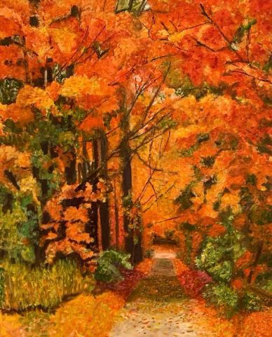Pathway surrounded by autumn foliage in vibrant orange and yellow tones.