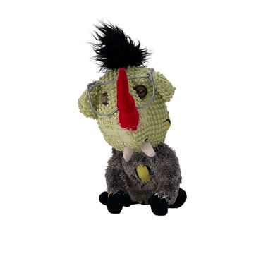 A quirky plush toy resembling a bird with glasses and a red beak.