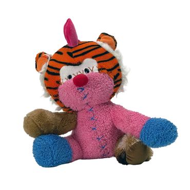 A colorful plush toy with tiger hat and mismatched limbs.