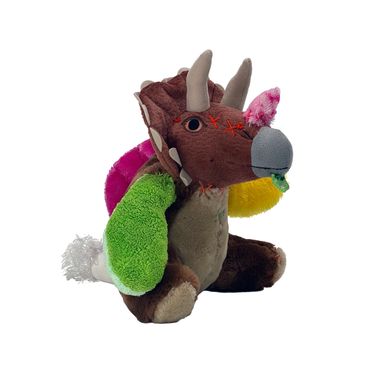 Colorful plush triceratops toy with soft fabric textures.