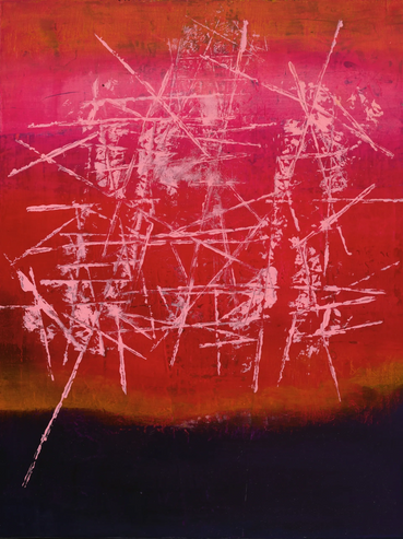 Abstract painting with white linear patterns on a red and dark purple gradient background.