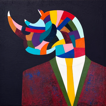 Colorful abstract rhino wearing a suit against a dark background.