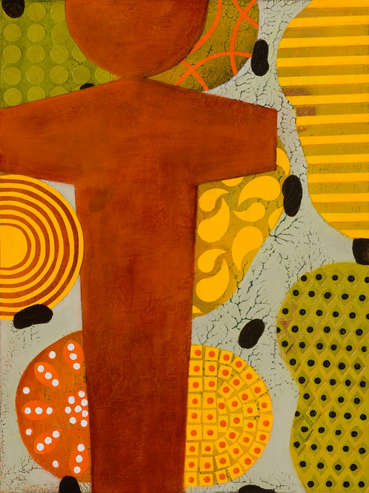 Abstract painting with bold orange and yellow circles surrounding a large brown figure.