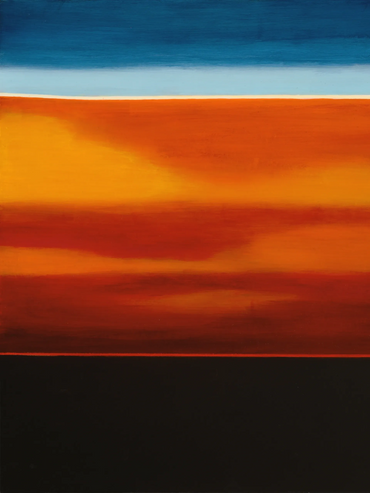 Abstract landscape with bold horizontal bands of blue, orange, red, and black.