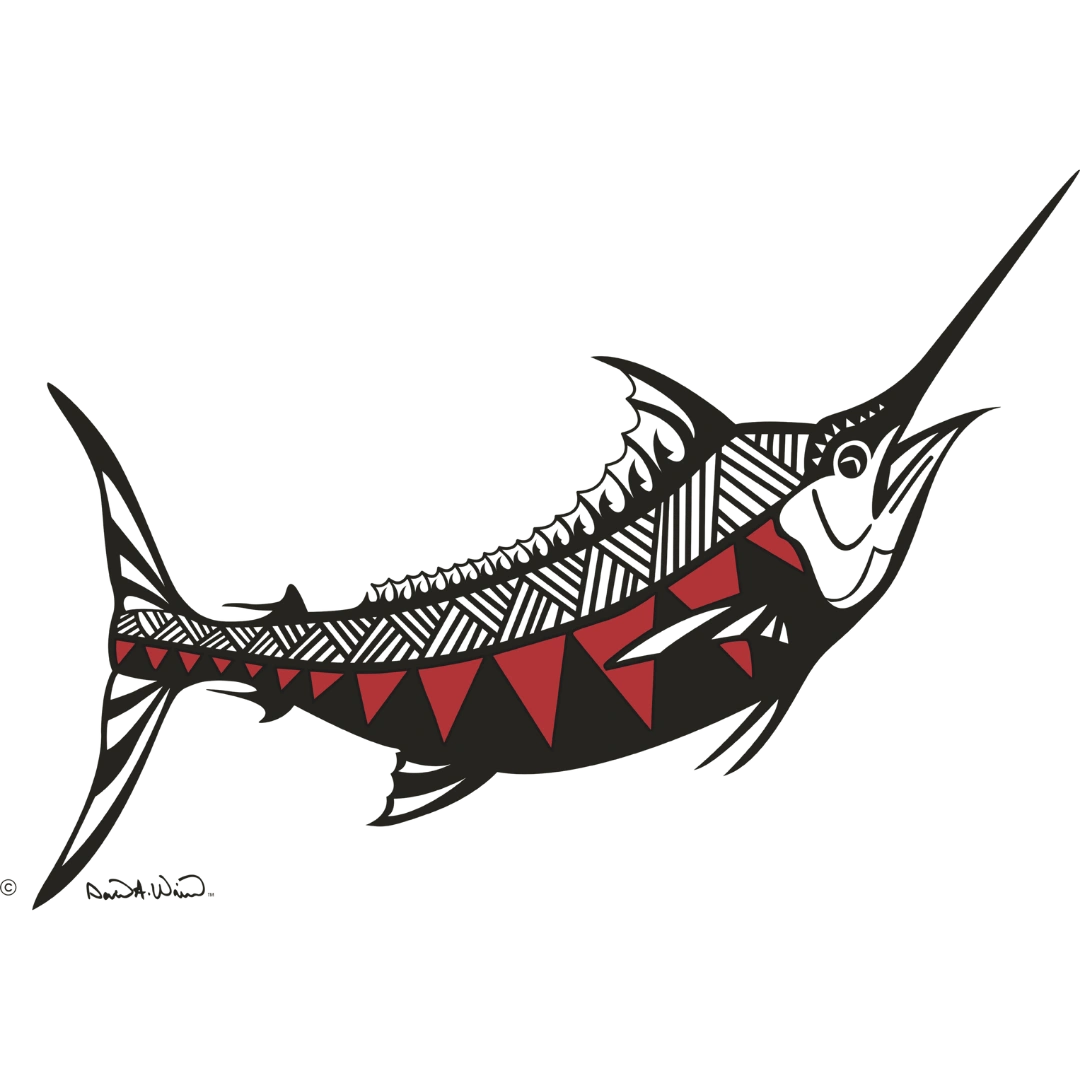 Black, white, and red stylized marlin illustration with bold geometric patterns.