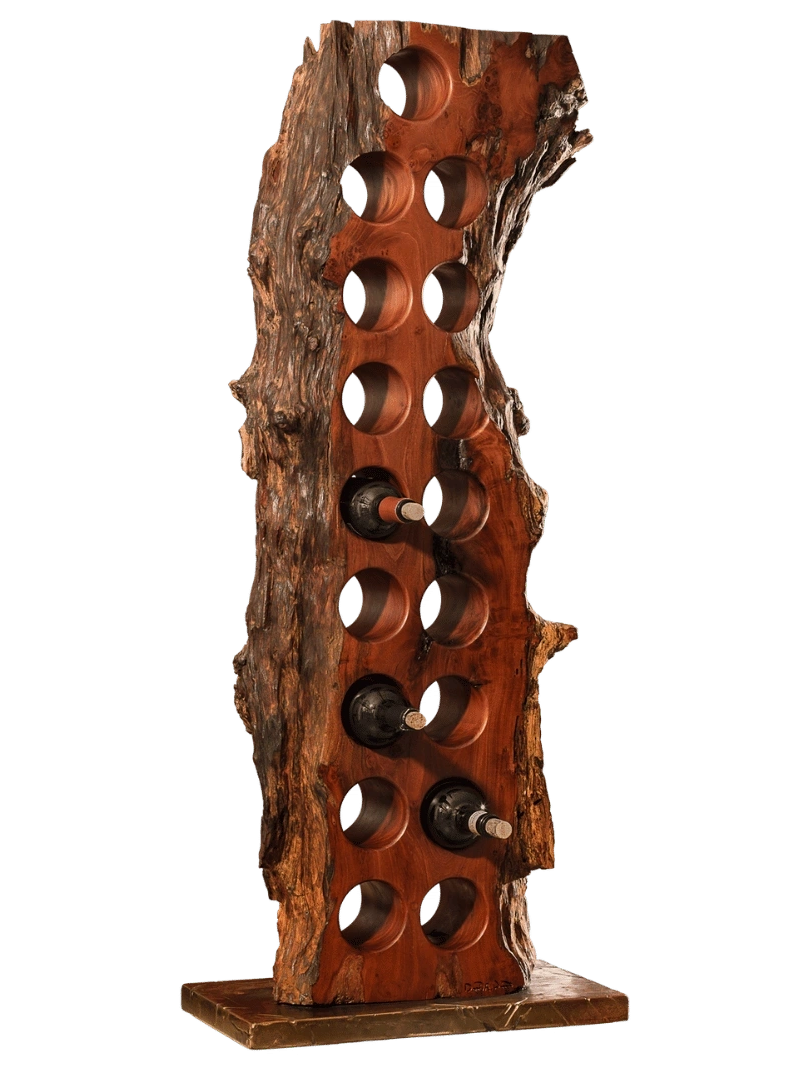 Live-edge wood wine rack with circular bottle openings and natural bark edges.