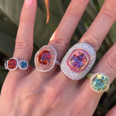 Multi-gemstone cocktail rings with diamond in platinum and gold, on-hand, fine jewelry Beverly Hills