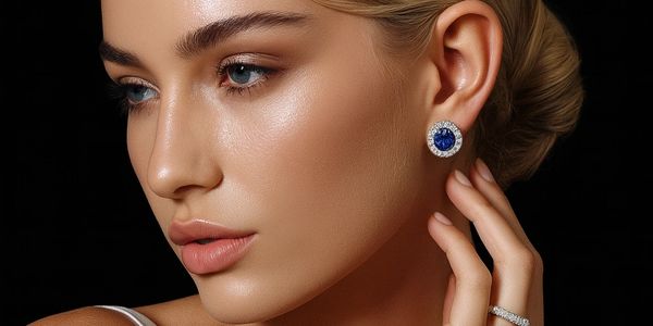 Luxury Beverly Hills jewelers - sapphire and diamond halo earrings with matching diamond band.