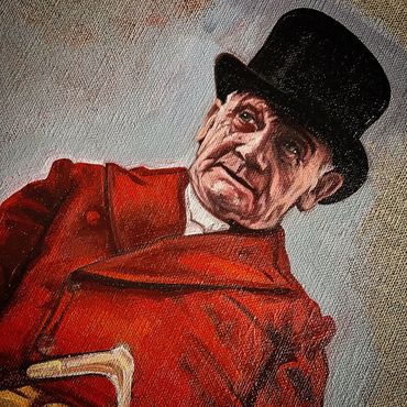 Painting of an elderly man in a red coat and black hat.