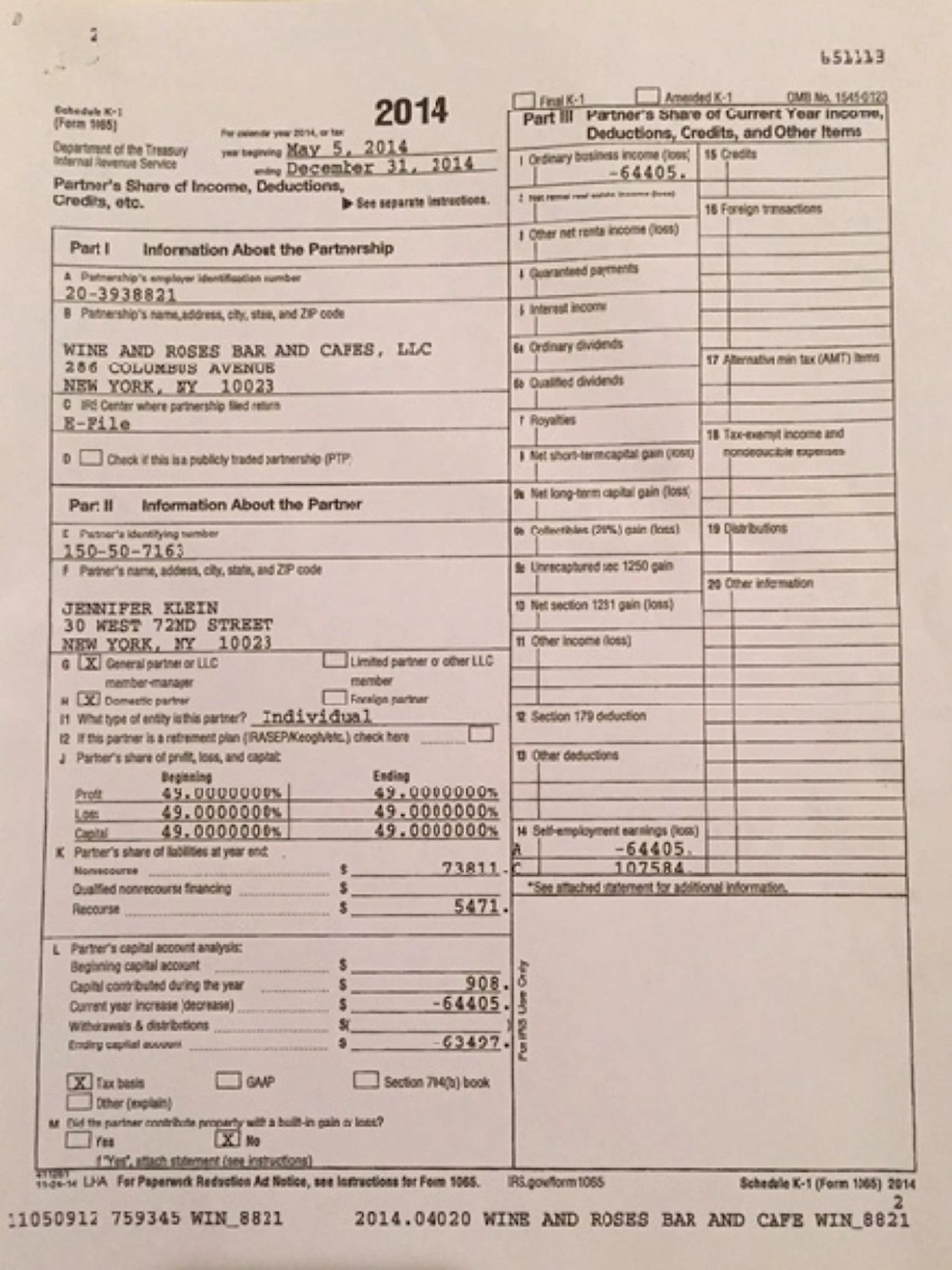 2014 IRS Schedule K-1 form for Wine and Roses Bar and Cafes, LLC, partner Jennifer Klein.