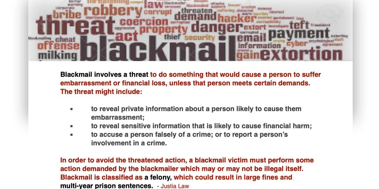 Blackmail is a threat causing embarrassment or financial loss unless demands are met.