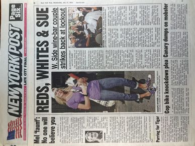Front page of New York Post featuring a headline on a wine-bar couple's lawsuit.