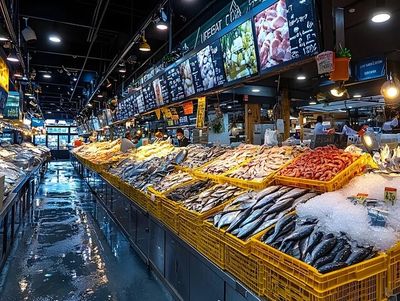 Seafood lined up on ice in a market