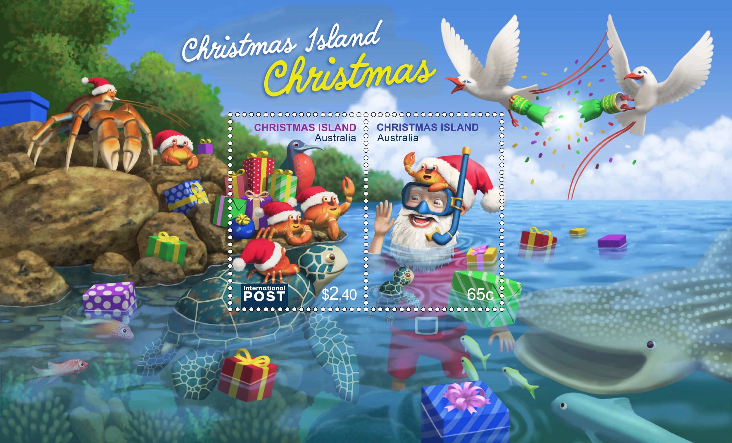 Two stamps in the middle of a festive scene of animals, gifts, and Santa with a snorkel mask