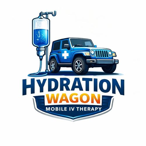 Logo featuring a blue jeep with IV therapy and the text 'Hydration Wagon Mobile IV Therapy'.