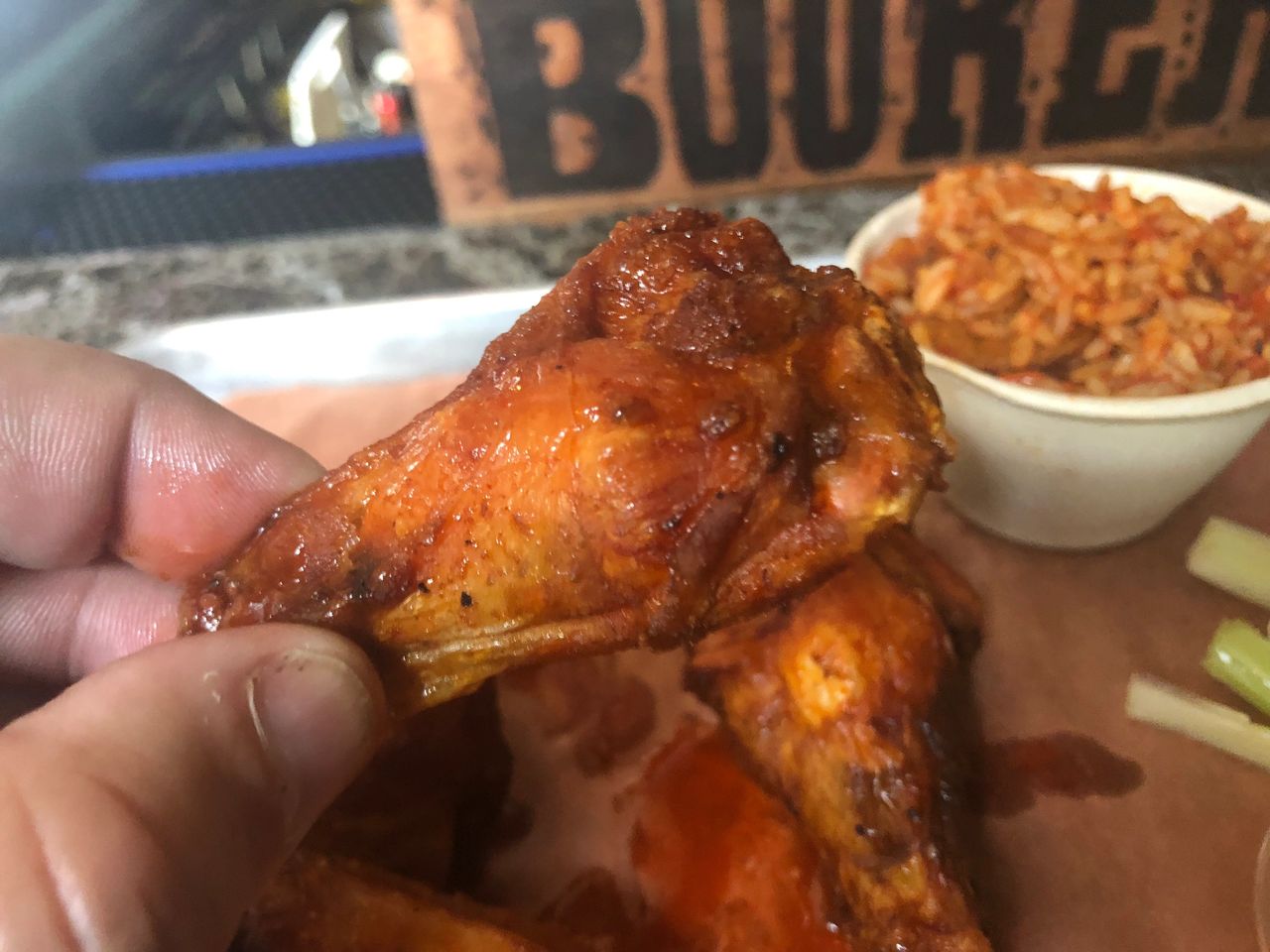 Smoked and deep fried wing at Q on Bay in Beaufort, South Carolina. 