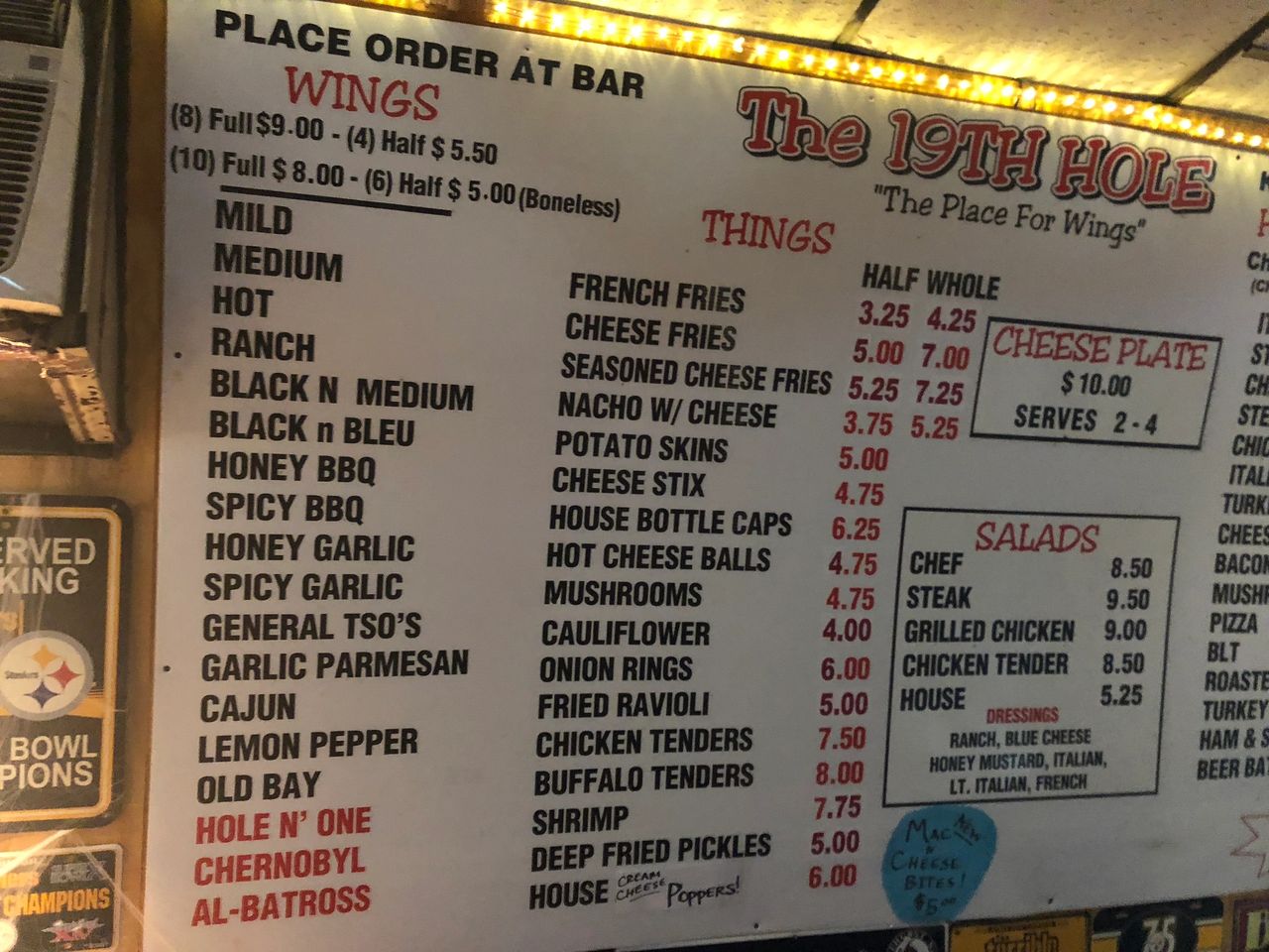 Wing menu at the 19th Hole on the National Road in Whelling, WV. Wing menu at the 19th Hole on the National Road in Whelling, WV.