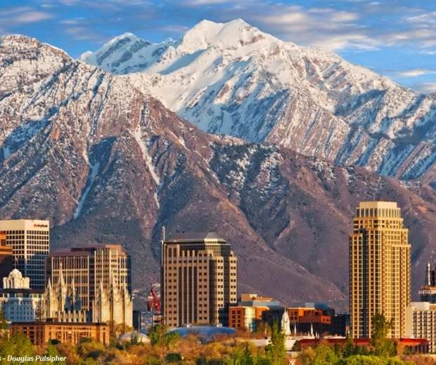 The Salt Lake City skyline, surrounded by the Rocky Mountains. 
