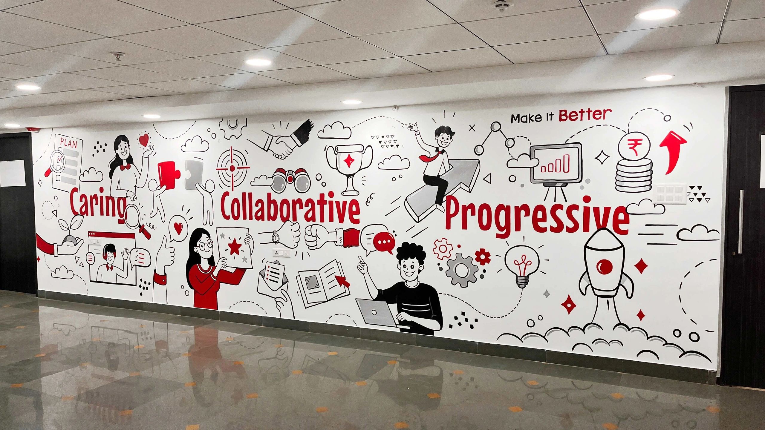 Wall mural with words Caring, Collaborative, Progressive and illustrations symbolizing teamwork and growth.