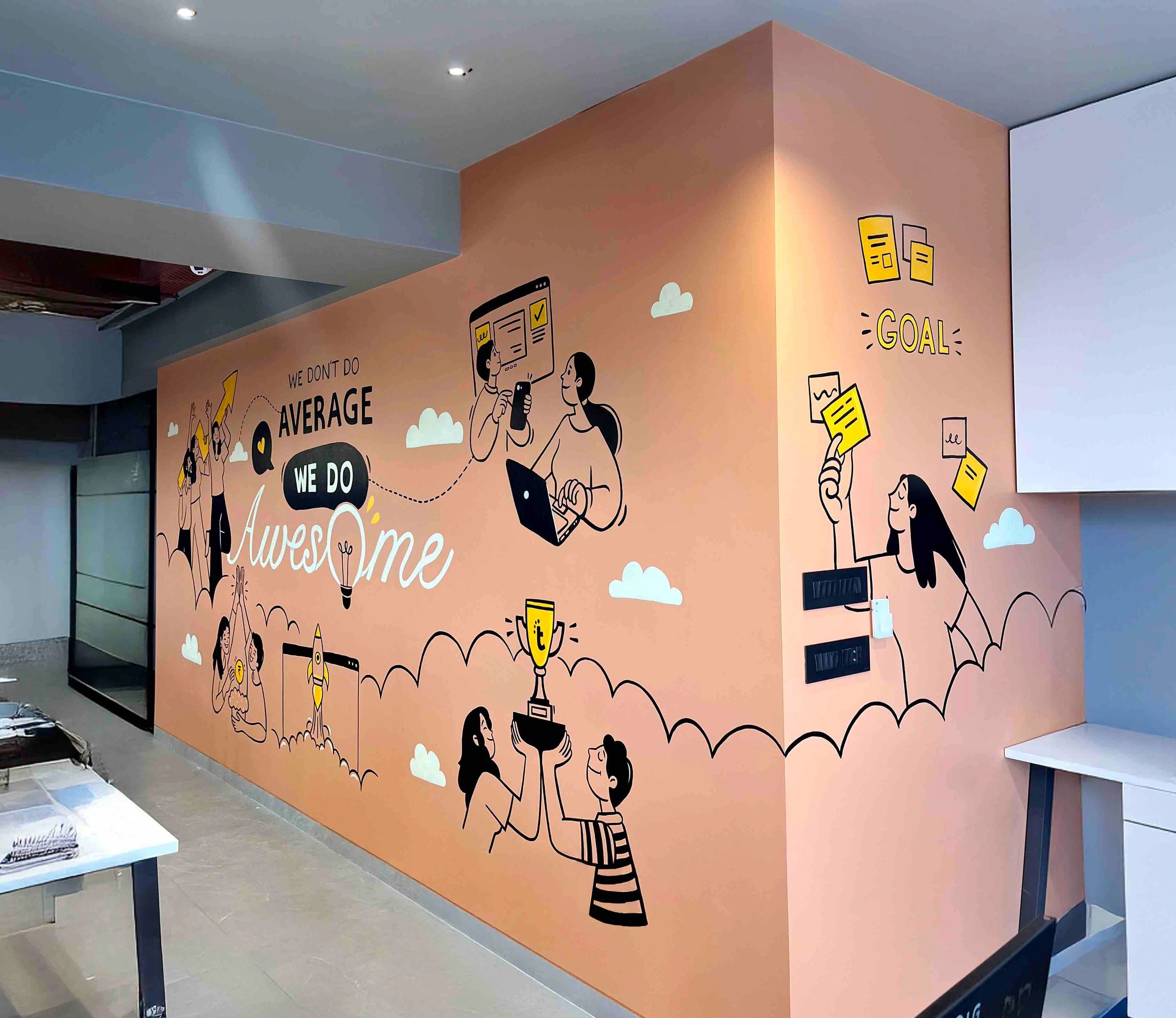 Office wall mural with motivational illustrations and text.