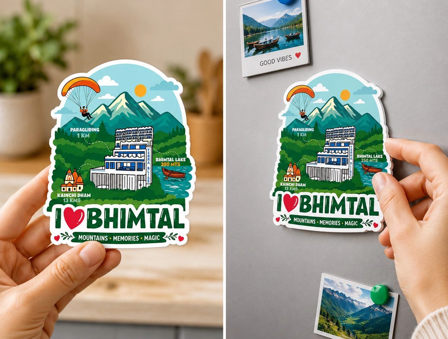 Sticker showing Bhimtal with mountains, lake, and activities like paragliding.