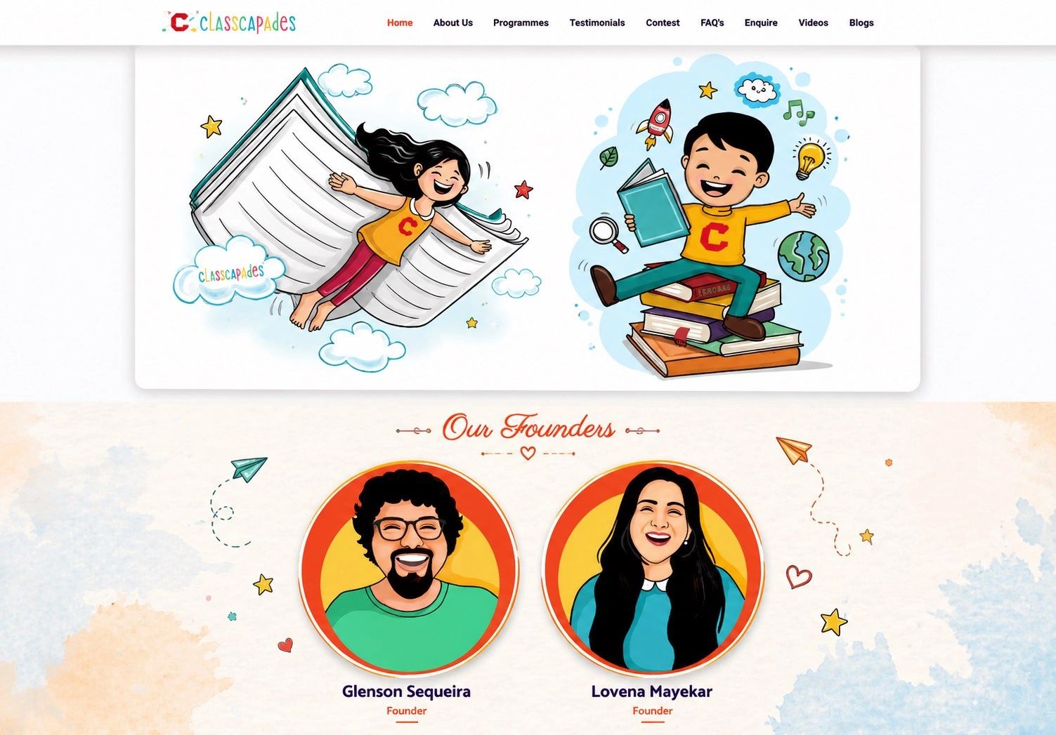 Illustrated website header with children and founders' portraits for Classcapades.