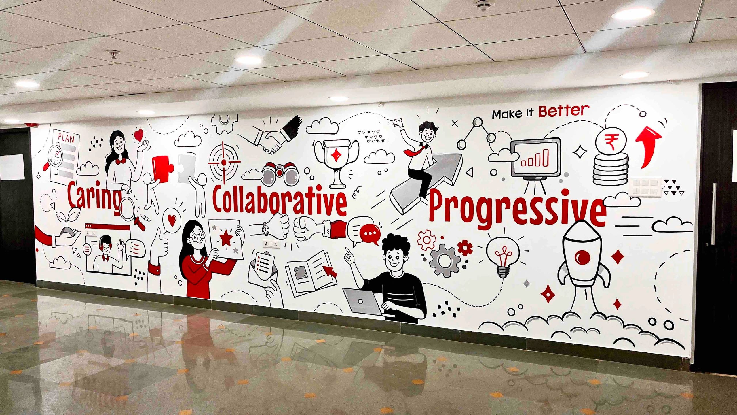 Inspirational office wall art promoting caring, collaboration and progress.