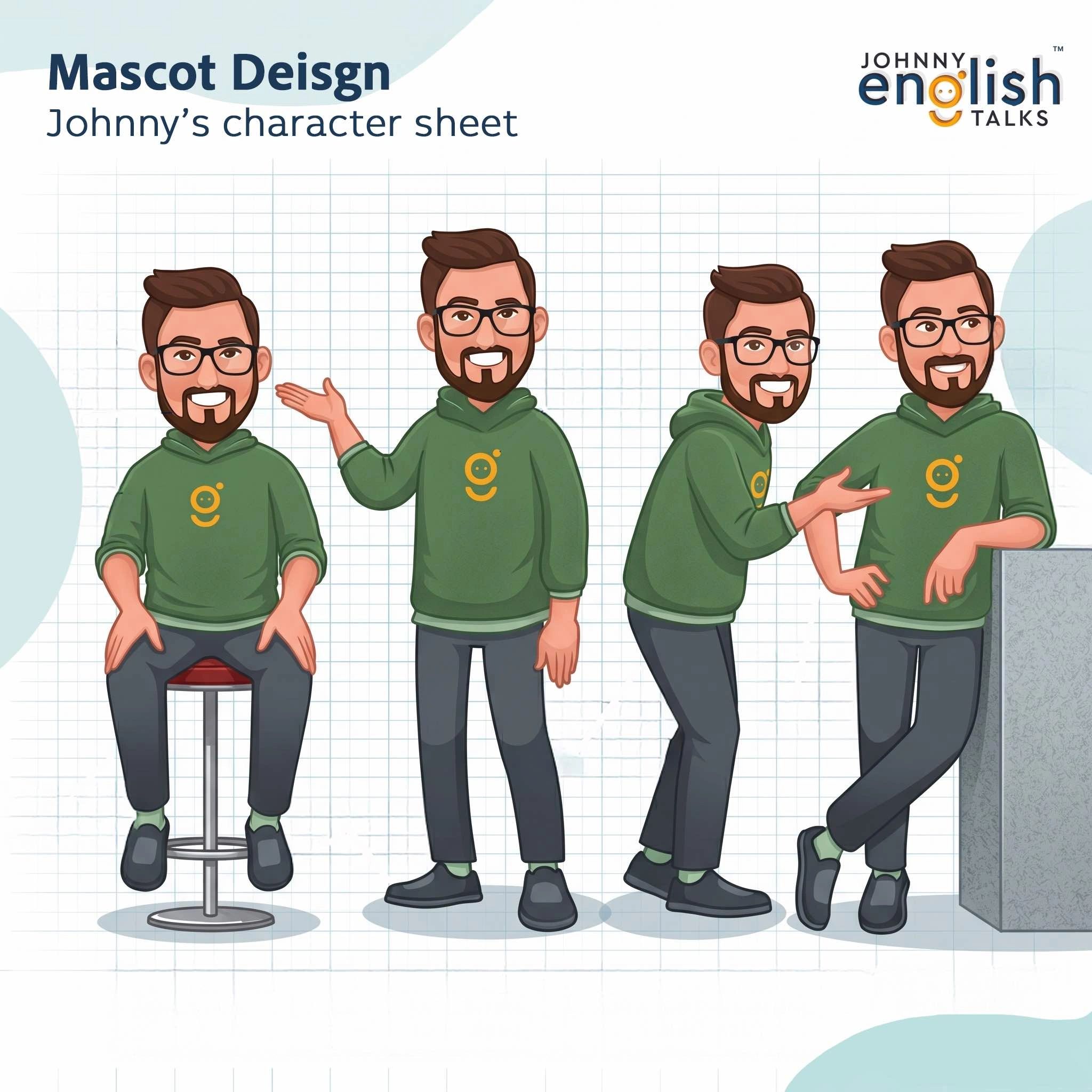 Character sheet showcasing Johnny mascot in various poses with green hoodie and glasses.