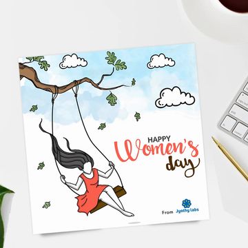 Illustration of a woman on a swing with 'Happy Women's Day' message.