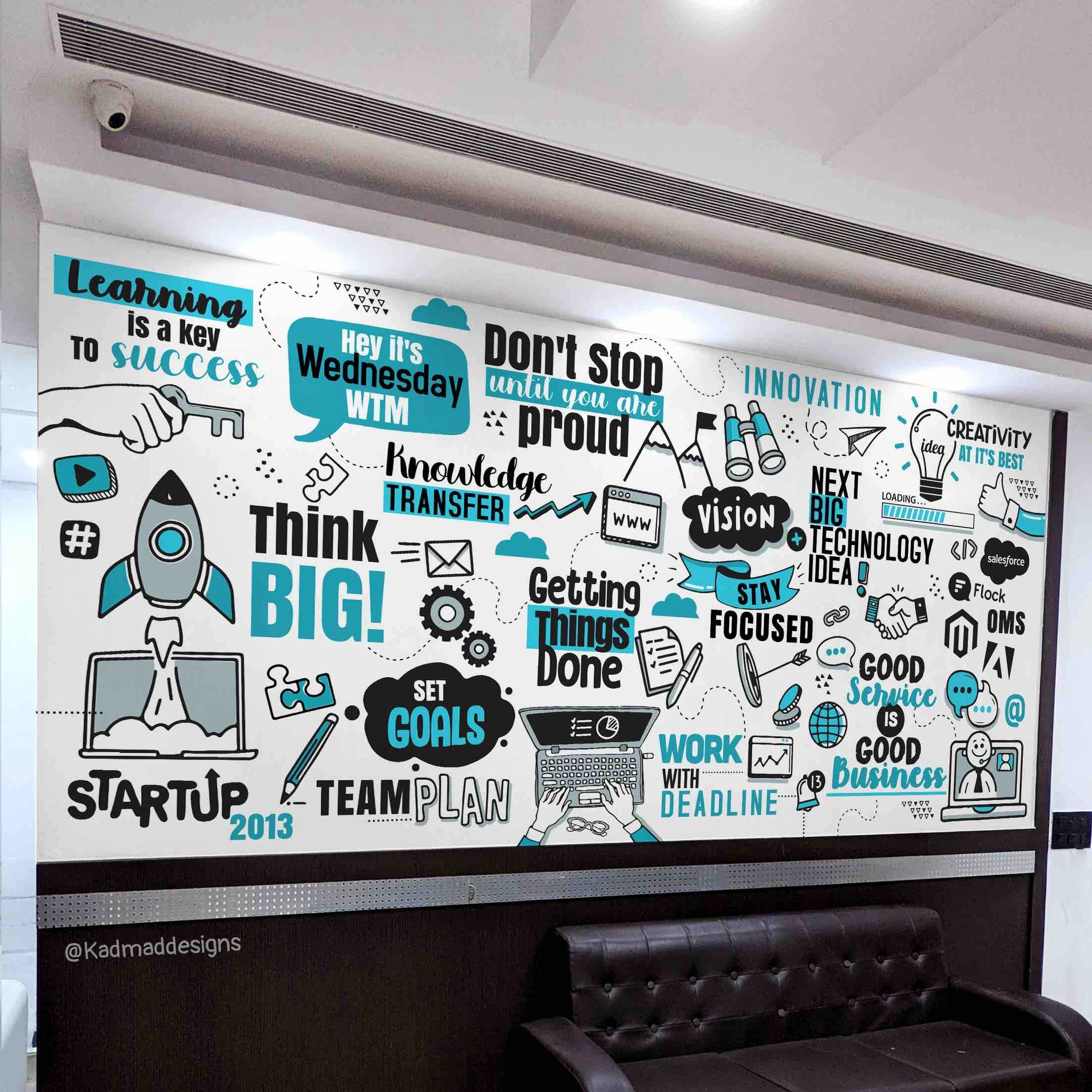 Inspirational office wall art with motivational quotes and illustrations.