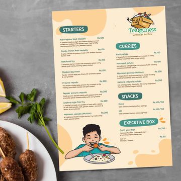 Menu of Teluguiness featuring starters, curries, snacks, and executive box meals.
