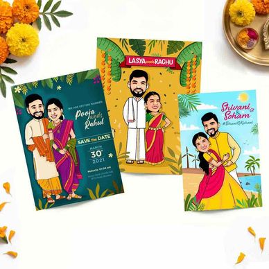 Colorful Indian wedding invitation cards with cartoon couple.