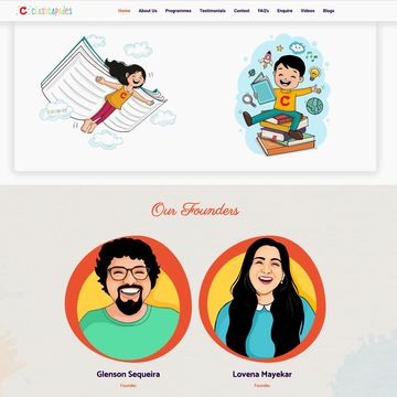 Website section with cartoon kids and founders Glenson Sequeira and Lovena Mayekar.