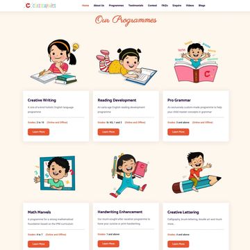 Website section showcasing various educational programs for kids with colorful illustrations.