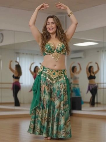 Woman in green belly dance costume smiling with arms raised.