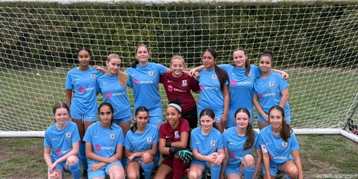 Youth girls' soccer team posing in front of goal.