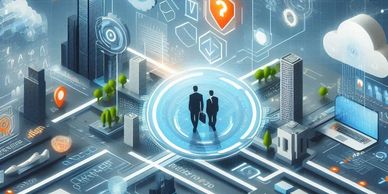Two business figures in a futuristic digital cityscape with technology overlays.