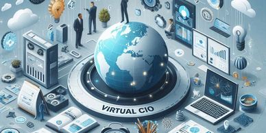 A digital globe labeled Virtual CIO surrounded by technology and business icons.