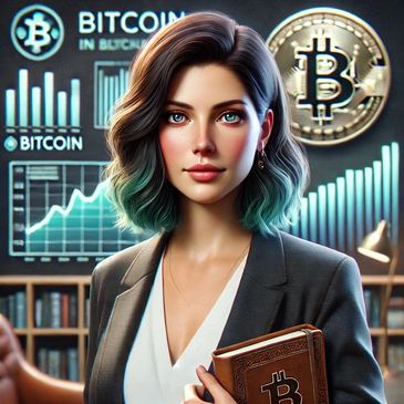 A poised woman holds a Bitcoin-embossed book, standing before glowing charts and cryptocurrency