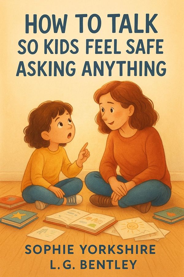 cozy illustration  parent and child sitting cross-legged on the floor, talking amid books, drawings,
