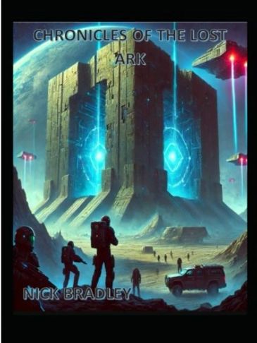 soldiers and vehicles approaching a massive glowing structure on alien planet with spaceships above