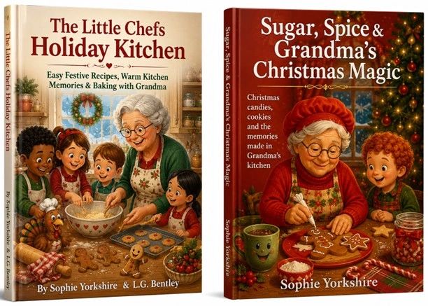 Two festive cookbooks featuring grandma and children baking holiday treats.