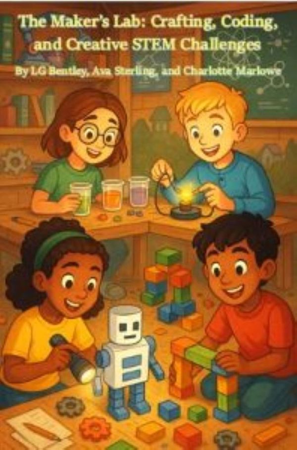 Four kids explore STEM using blocks, circuits, robot in a bright workshop full of creativity and fun