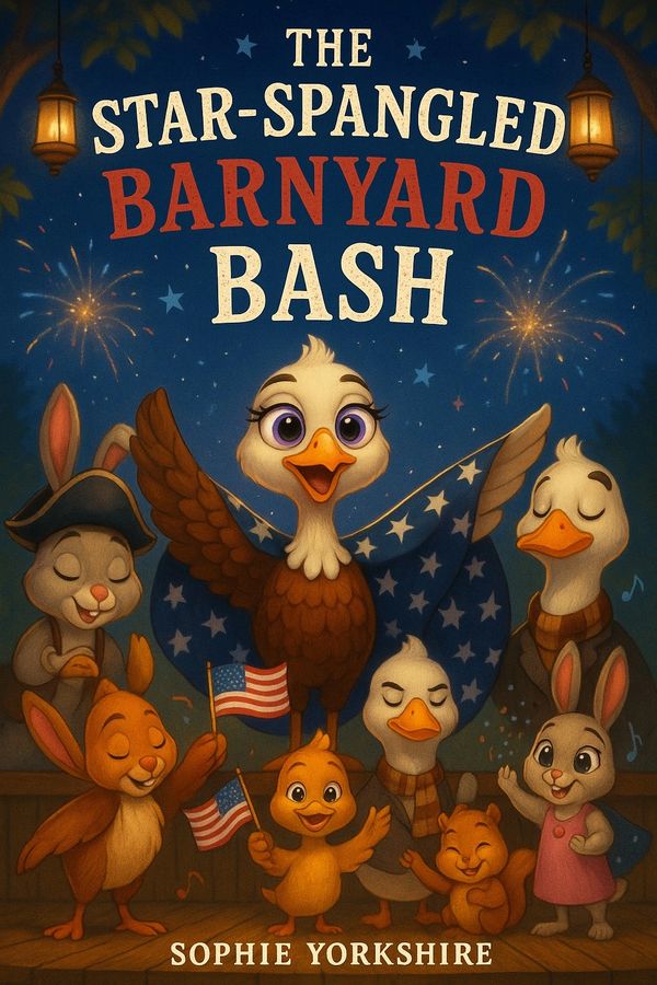 A joyful barnyard stage glows under lantern light as farm animal friends celebrates Fourth of July.