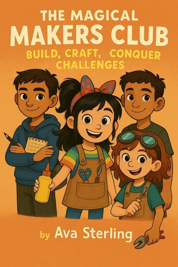 Four inventive kids smile proudly as they hold tools, glue, and blueprints.