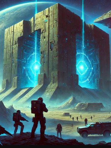 soldiers and vehicles approaching a massive glowing structure on alien planet with spaceships above