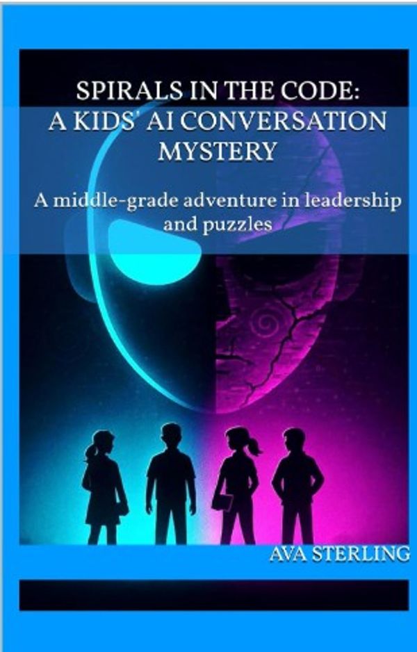 Semi-stylized digital art: four kids in a glowing future lab as a hovering avatar greets them today.